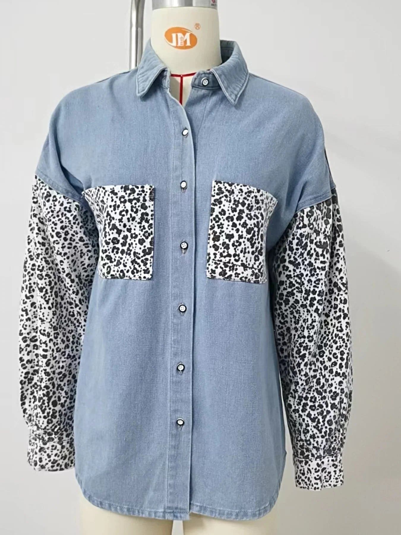 Leopard Patchwork Button Up Denim Shirt -