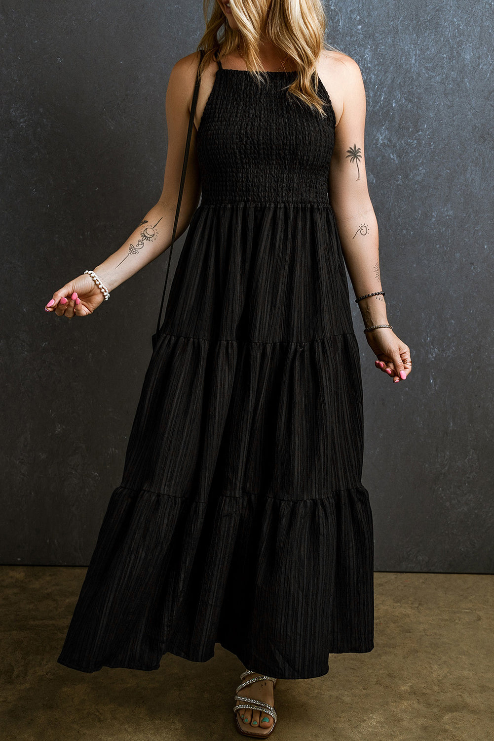 Smocked Tiered Spaghetti Strap Dress Trendsi