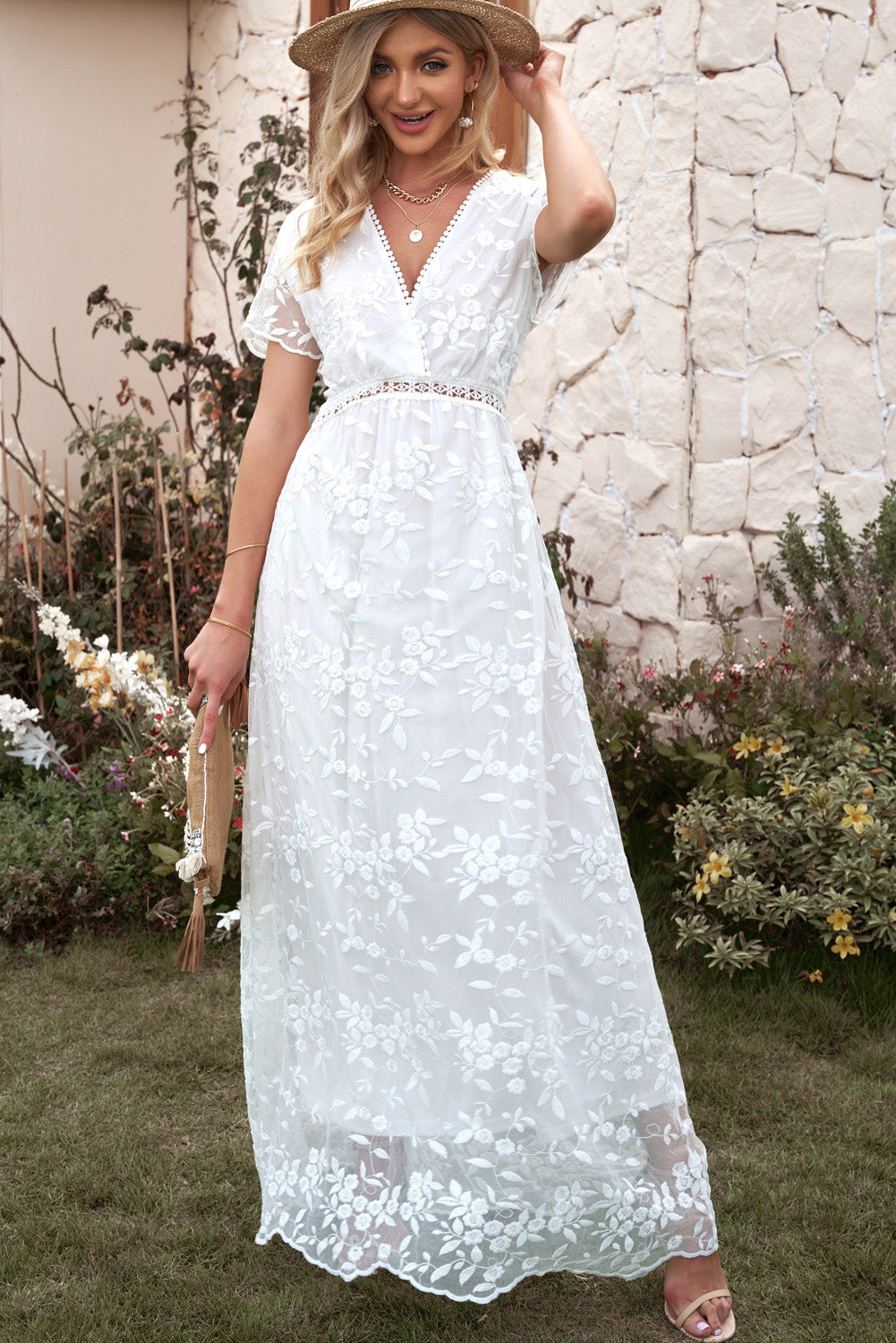 Embroidered Short Sleeve Surplice Neck Maxi Dress Trendsi