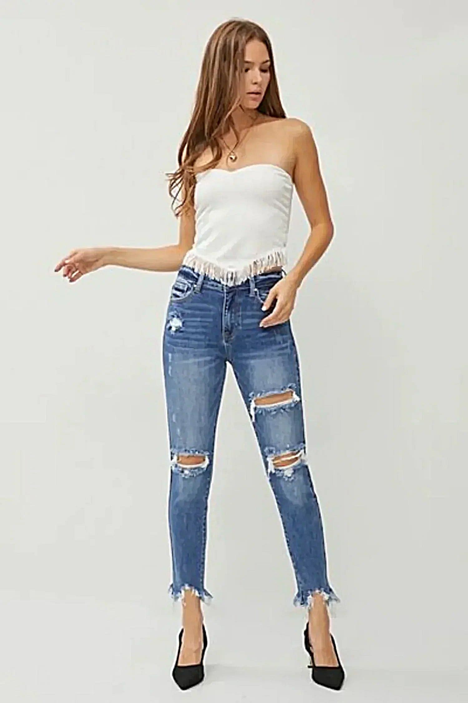 RISEN Distressed Frayed Hem Slim Jeans - Jeans