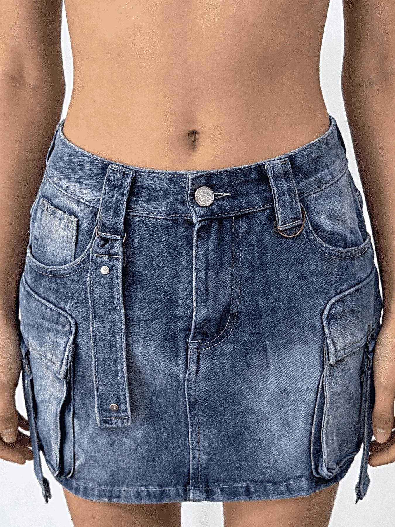 Washed Cargo Denim Skirt -