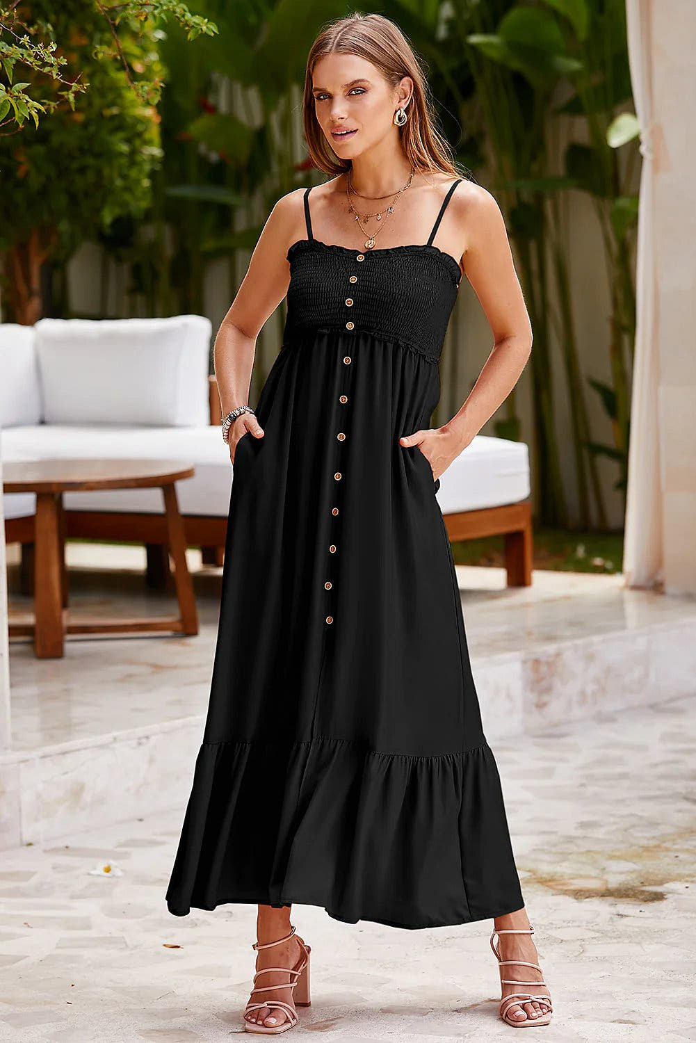 Smocked Spaghetti Strap Ruffle Hem Dress -