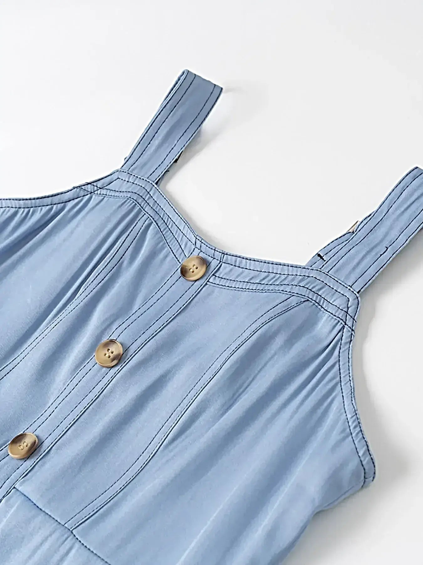 Denim Dress With Sweetheart Neckline, Buttoned & Pocketed - 100% Polyester, No Stretch -