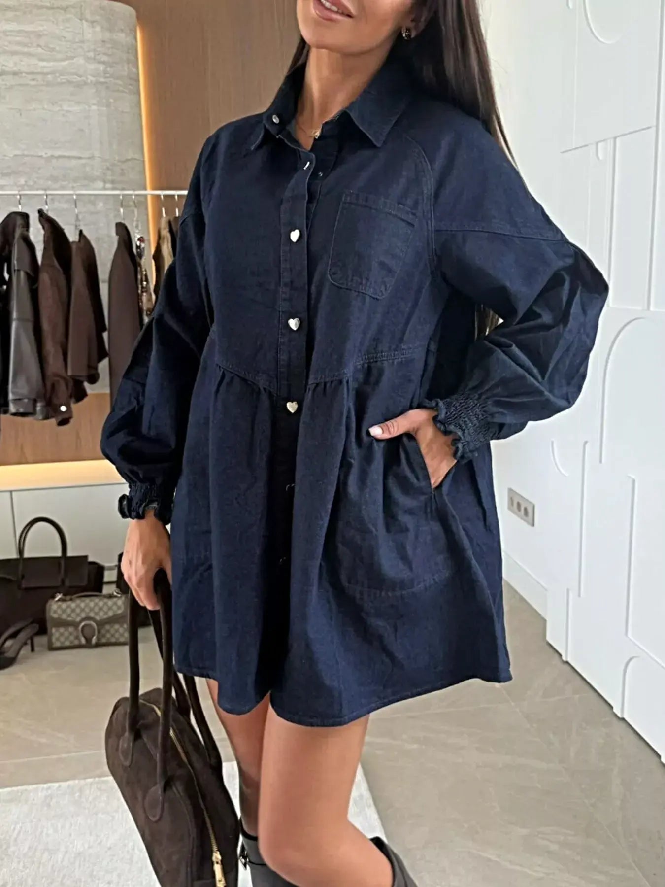 Button Down Mini Denim Dress with Front Pockets -