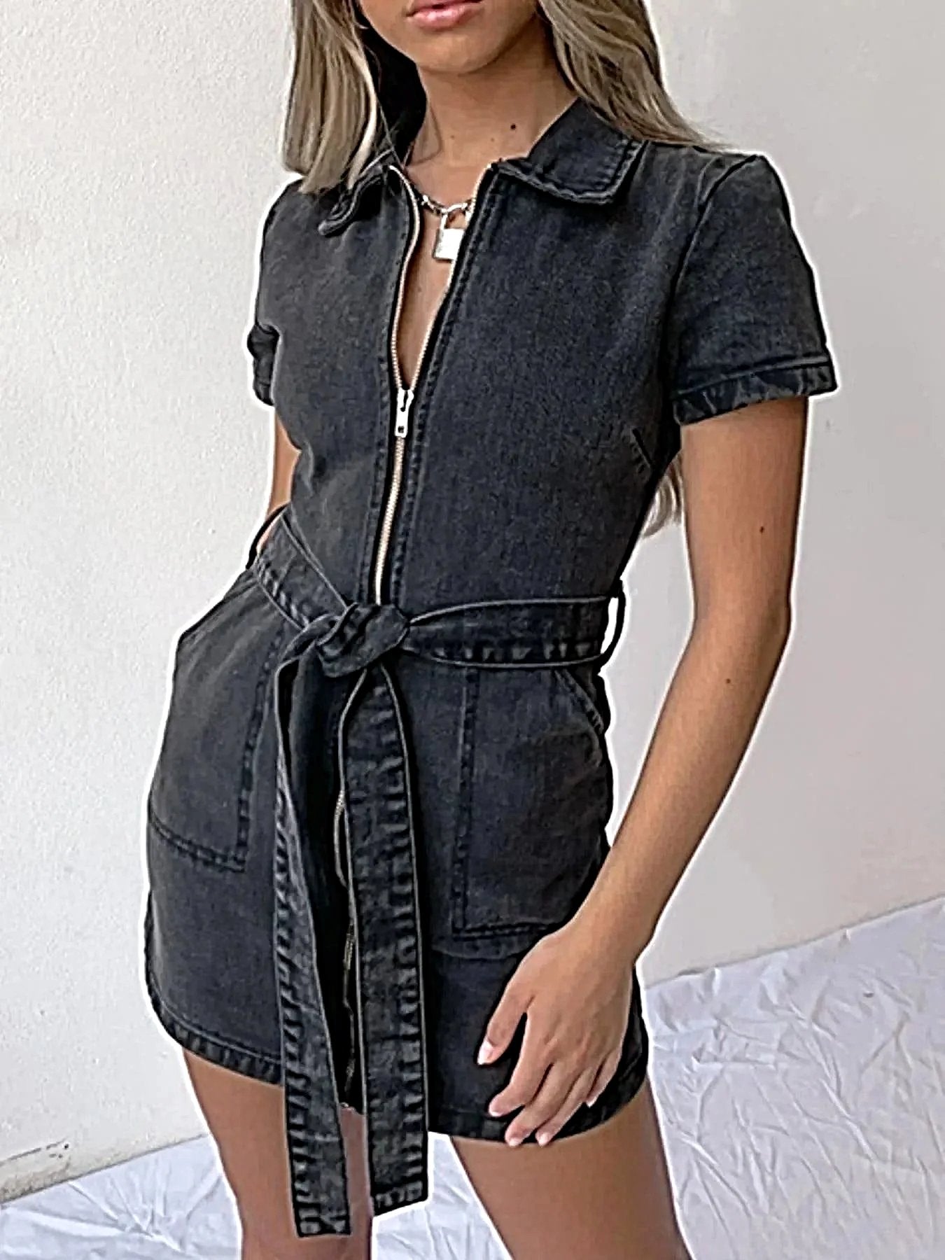 Zip Front Short Sleeve Denim Dress -