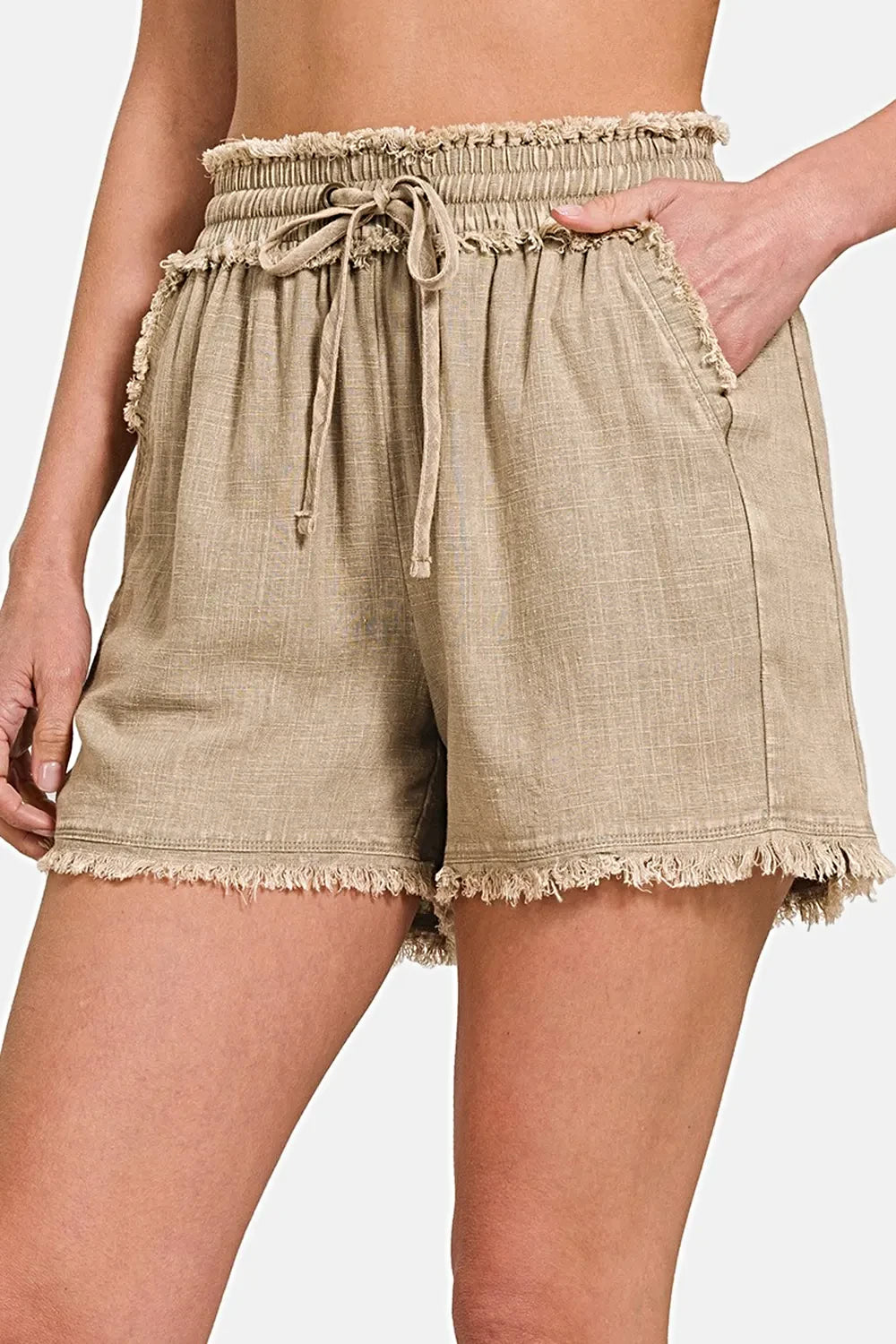 Zenana Washed Linen Frayed Hem Drawstring Shorts -