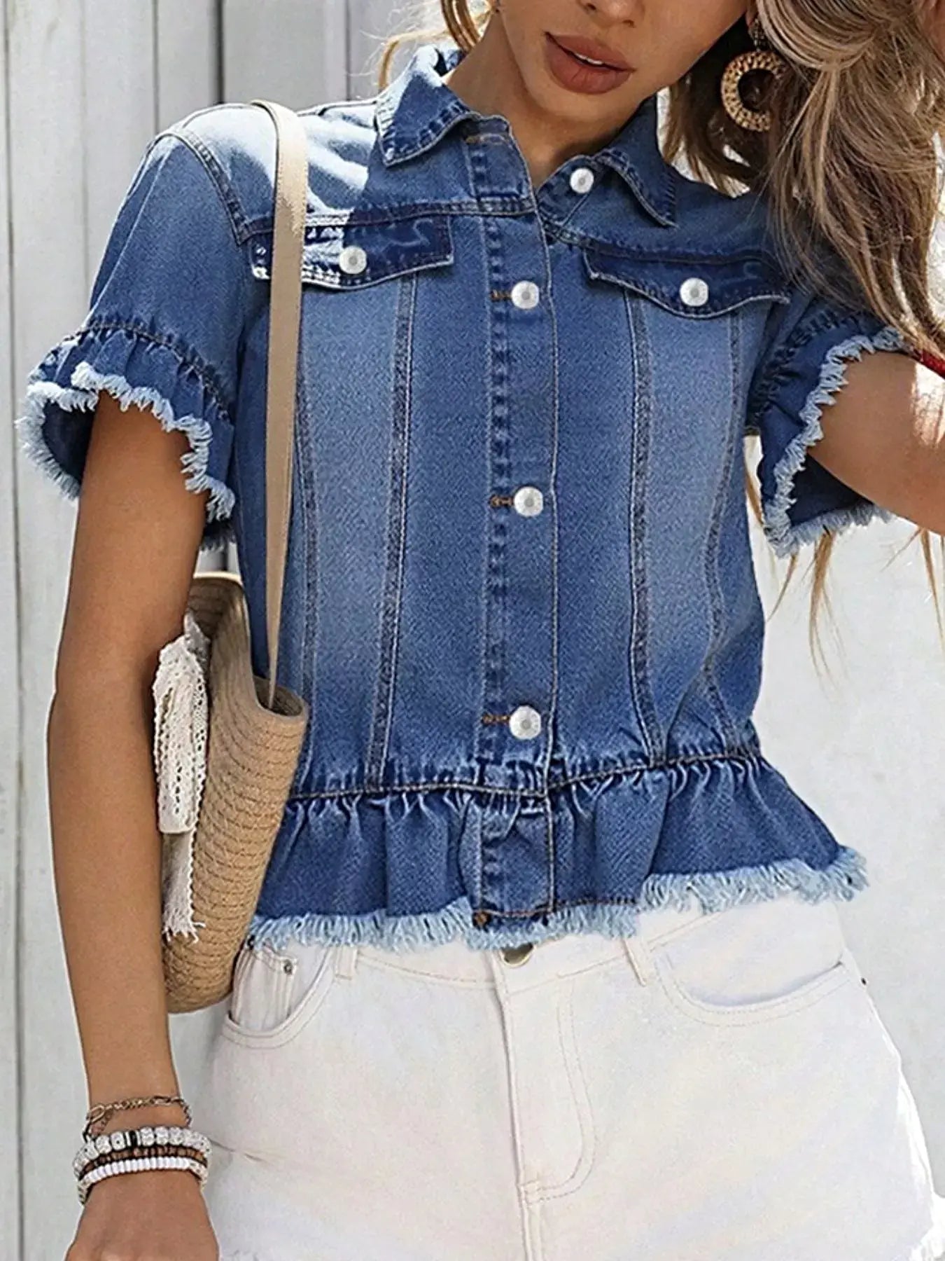 Ruffle Hem Short Sleeve Denim Jacket -