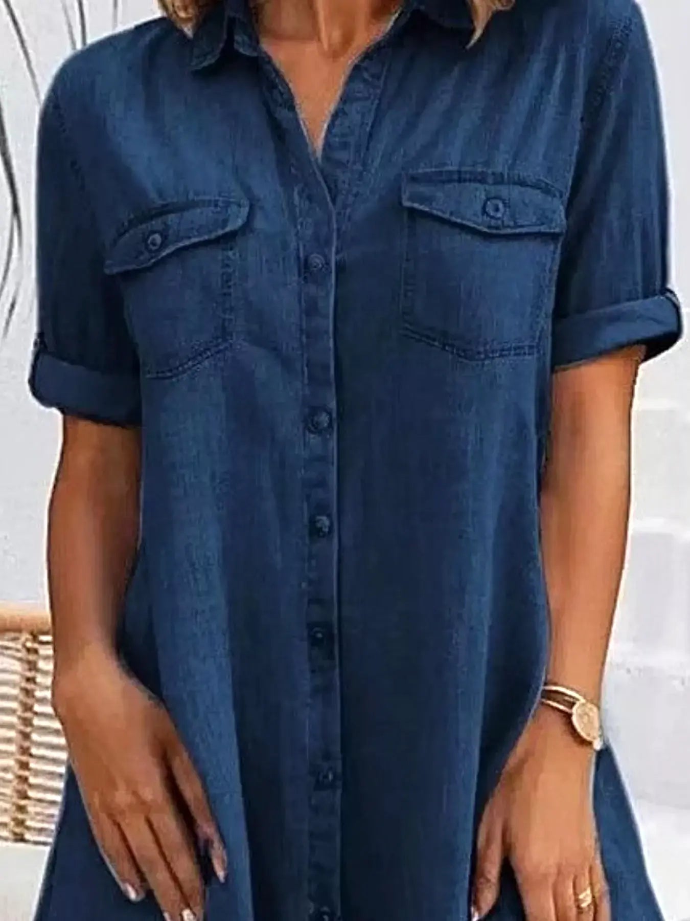 Full Size Button-Front Short Sleeve Denim Dress Plus Size -