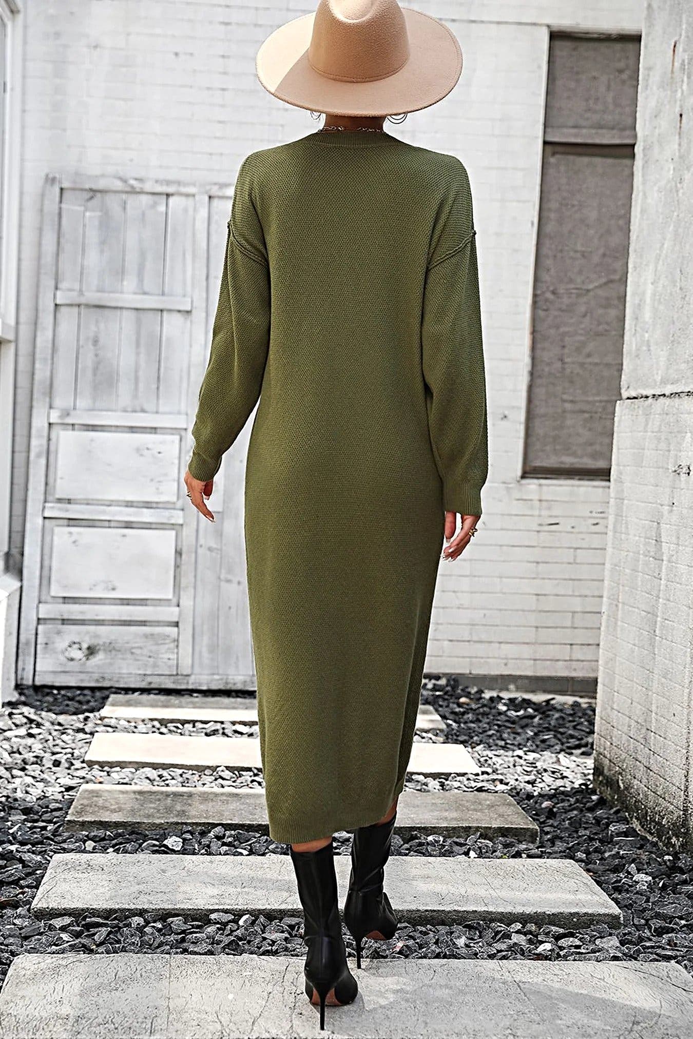 Notched Neck Dropped Shoulder Button-Down Midi Dress -