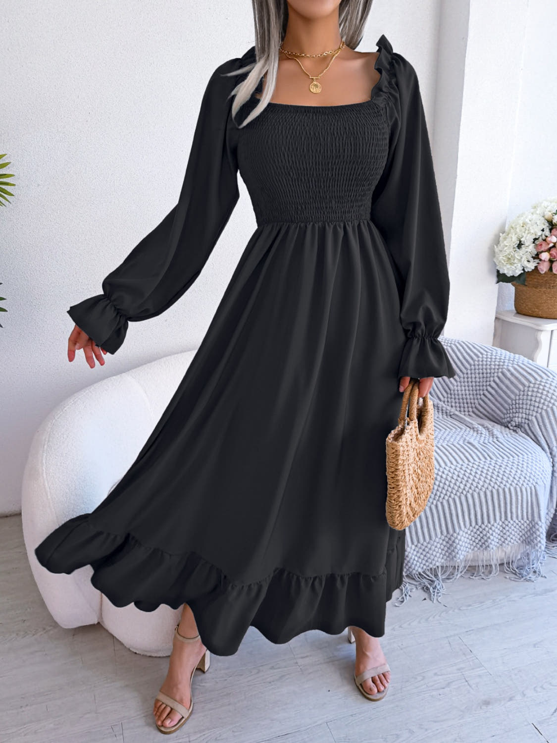 Smocked Square Neck Flounce Sleeve Dress -