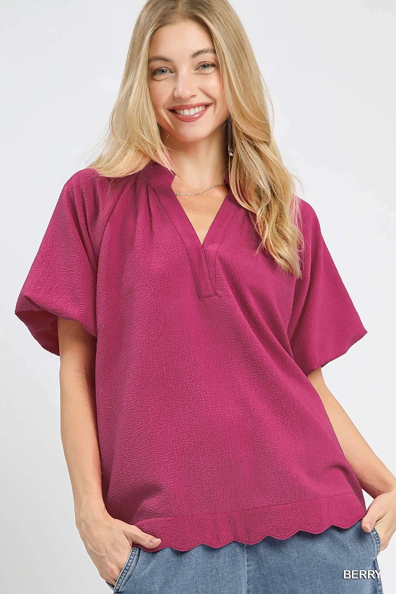 Umgee Scalloped Hem Textured Blouse -