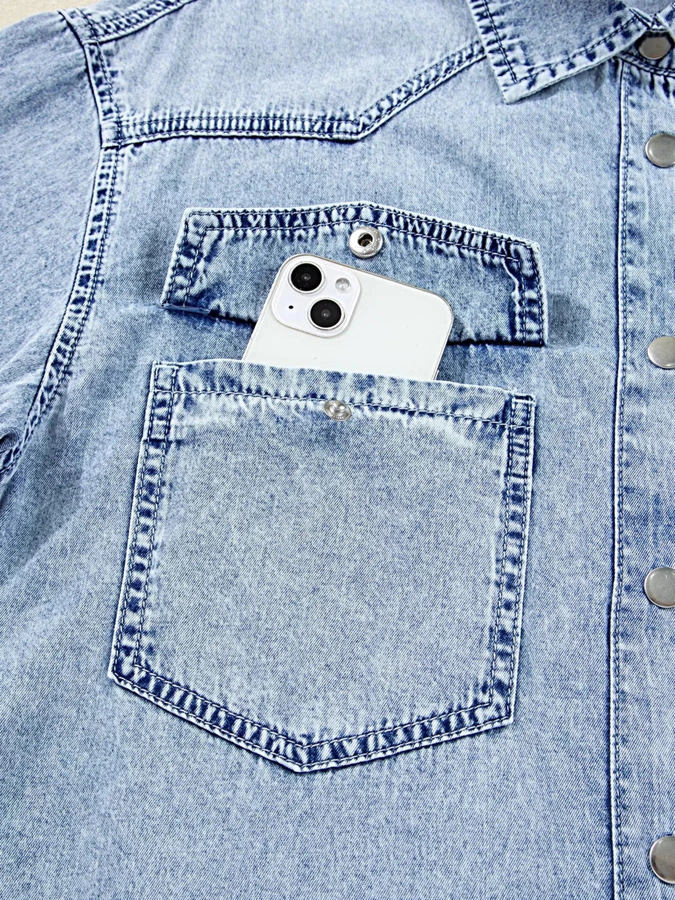 Chest Pocket Raw Hem Denim Loose Shirt Dress -