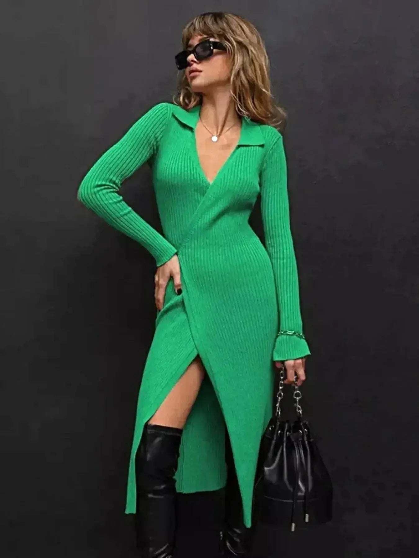 Tied Collared Neck Long Sleeve Sweater Dress -