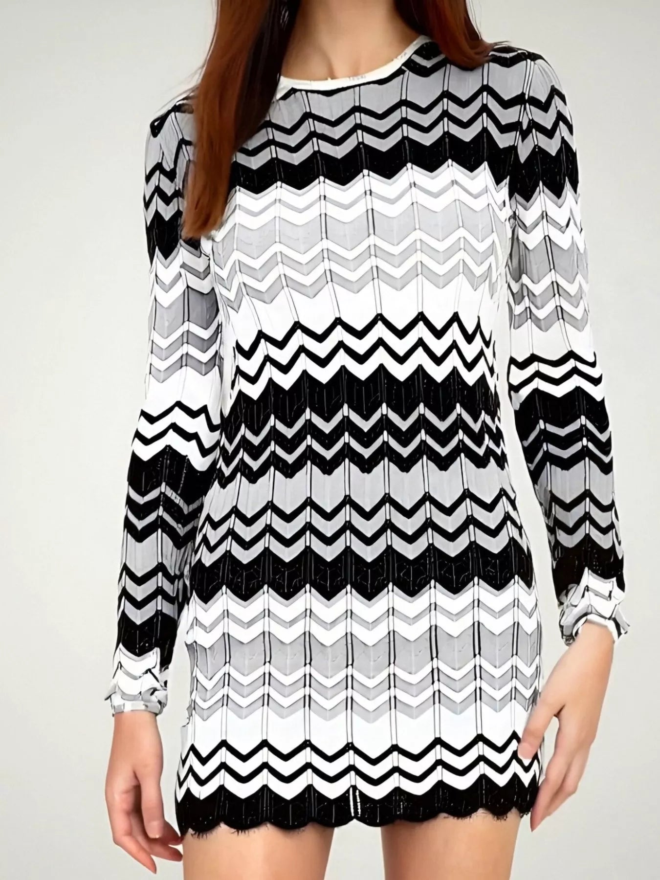 Openwork Wave Pattern Long Sleeve Sweater Dress -