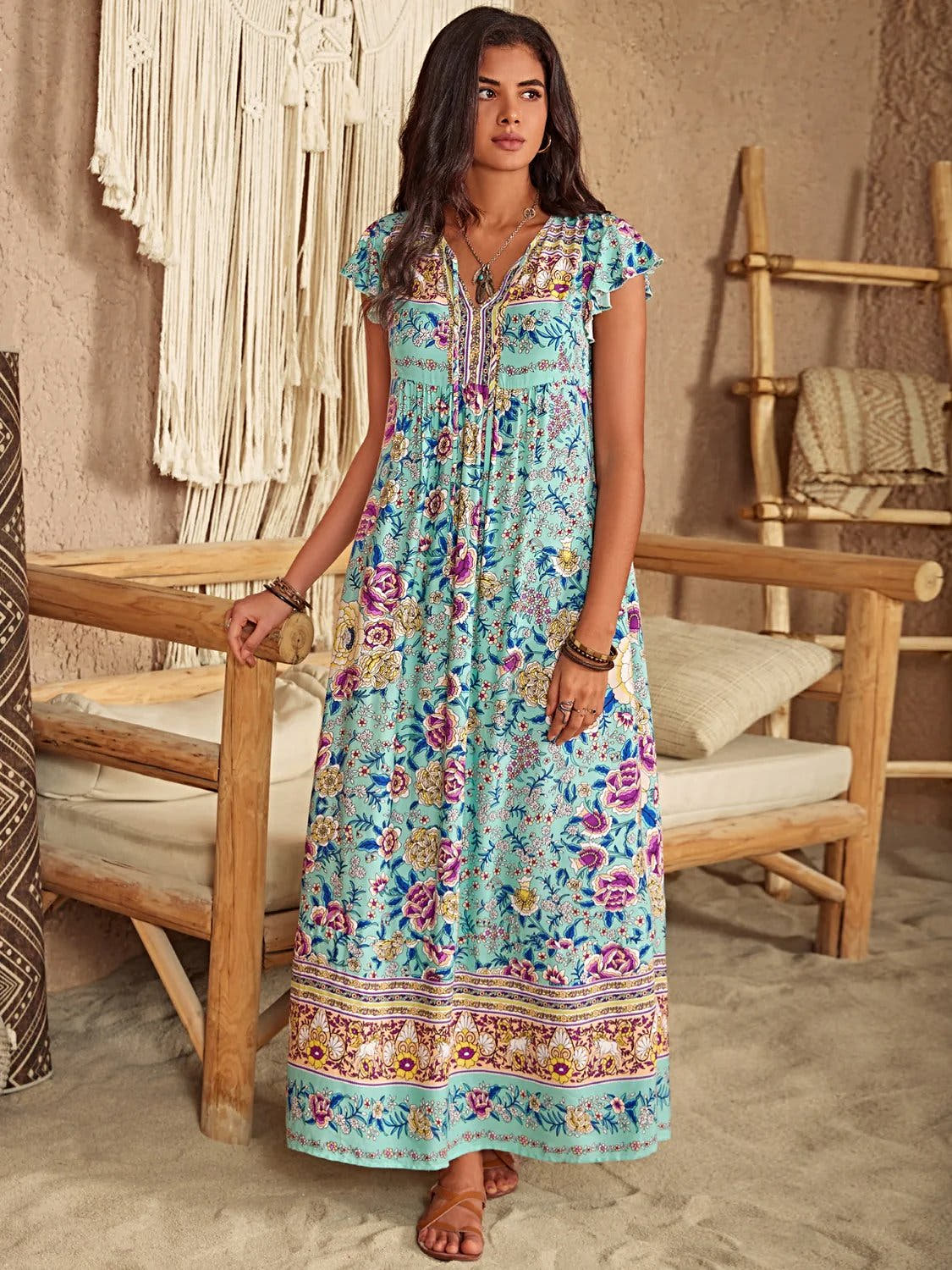 Ruffled Printed Tie Neck Cap Sleeve Dress -