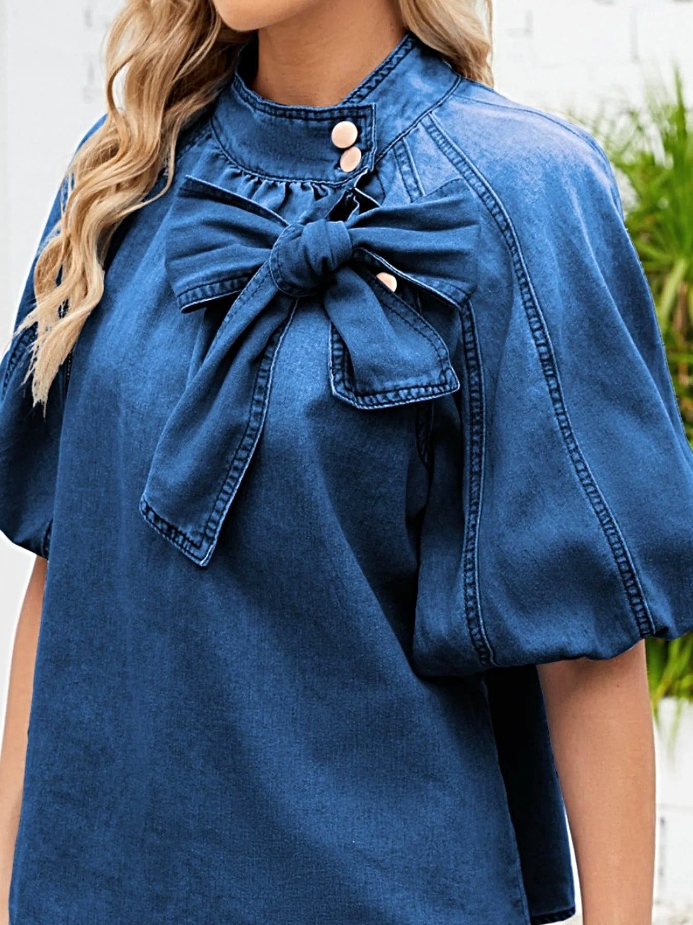 Bow Accent Puff Sleeve Denim Top -