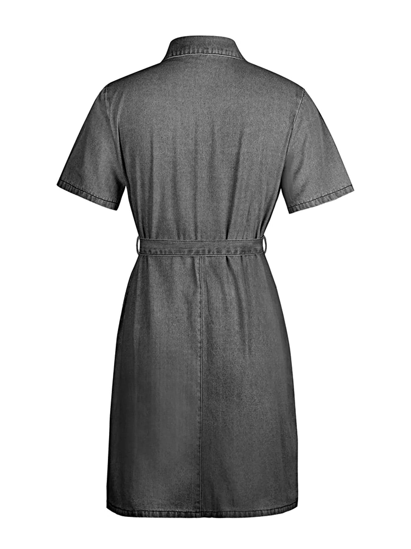 Zip Front Short Sleeve Denim Dress -