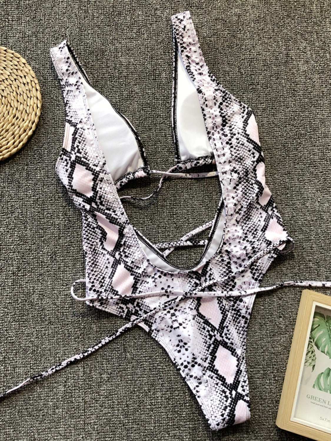 Lace-Up Backless Plunge One-Piece Swimwear Trendsi
