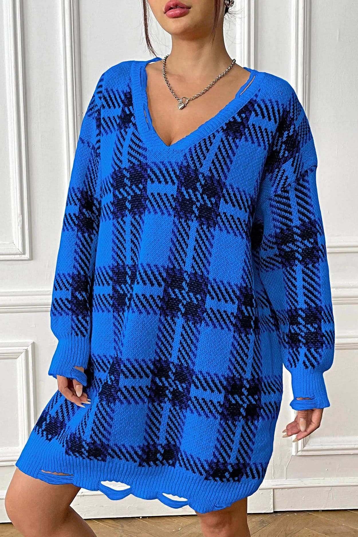 Plaid V-Neck Long Sleeve Sweater Dress -