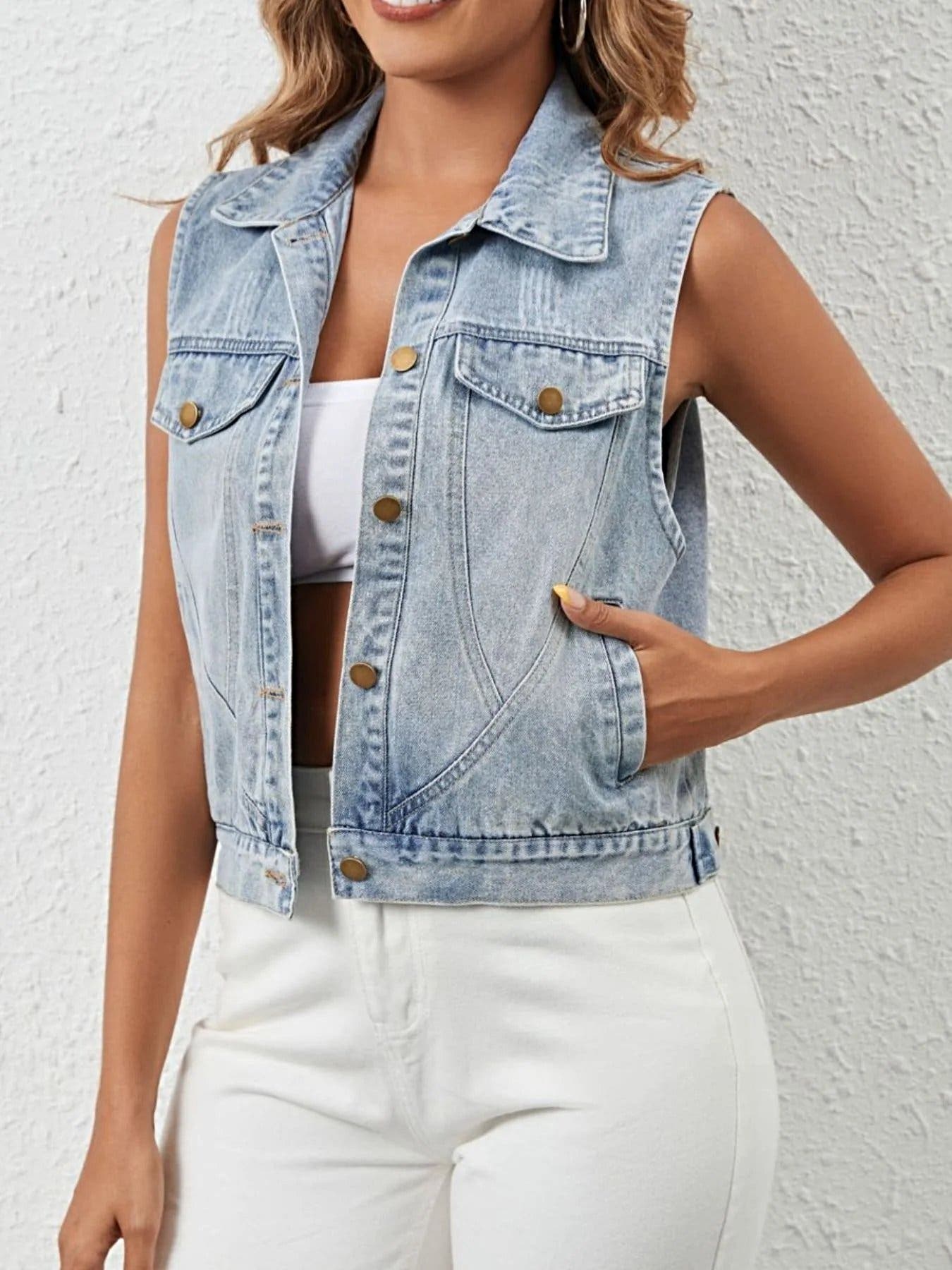 Sleeveless Button Up Denim Jacket -