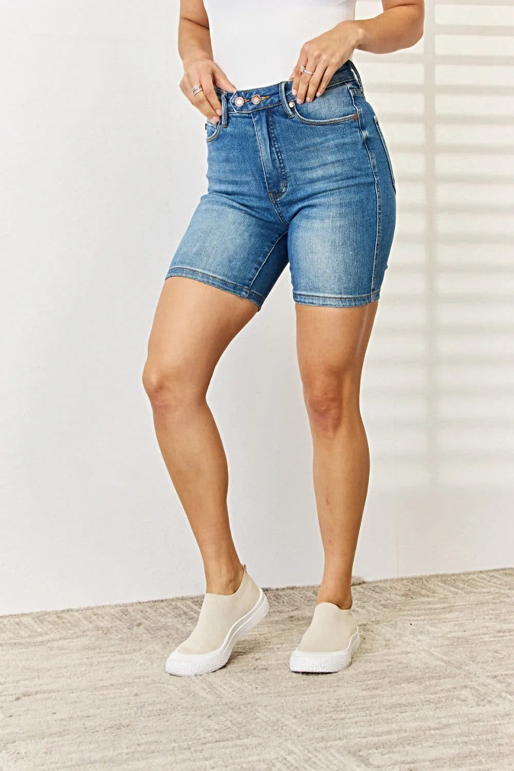 Judy Blue Tummy Control Bermuda Shorts with Double Button Design for Flattering Fit Trendsi