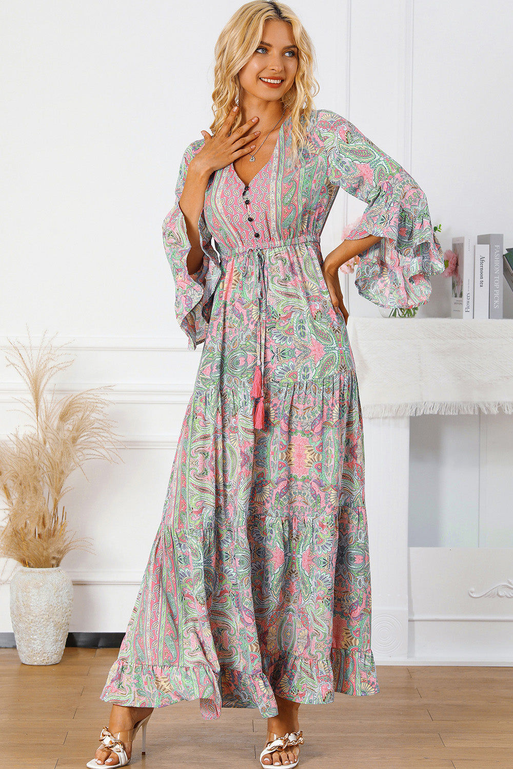 Printed Tassel Tie V-Neck Tiered Dress Trendsi