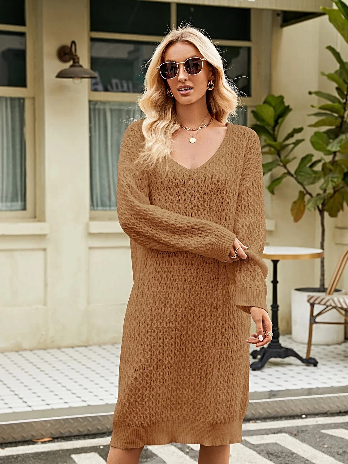 V-Neck Long Sleeve Sweater Dress -