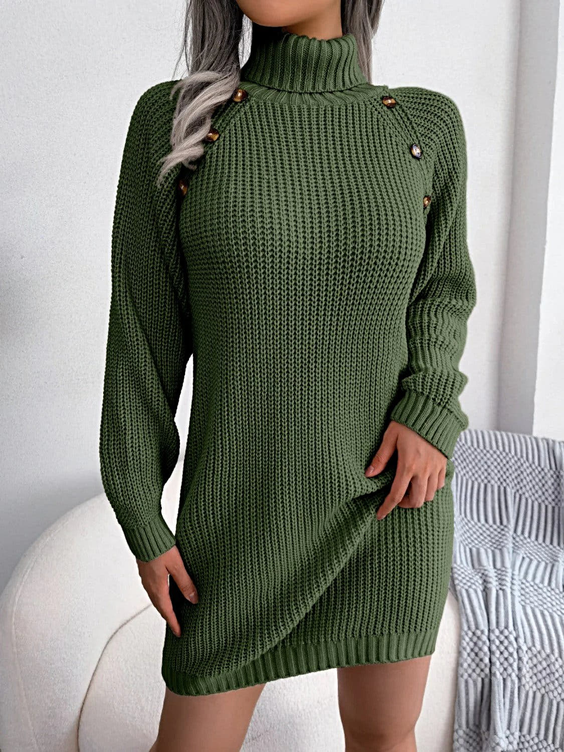 Elegant Decorative Sweater Dress with Buttons - 100% Acrylic, Moderate Stretch, Machine Washable Trendsi