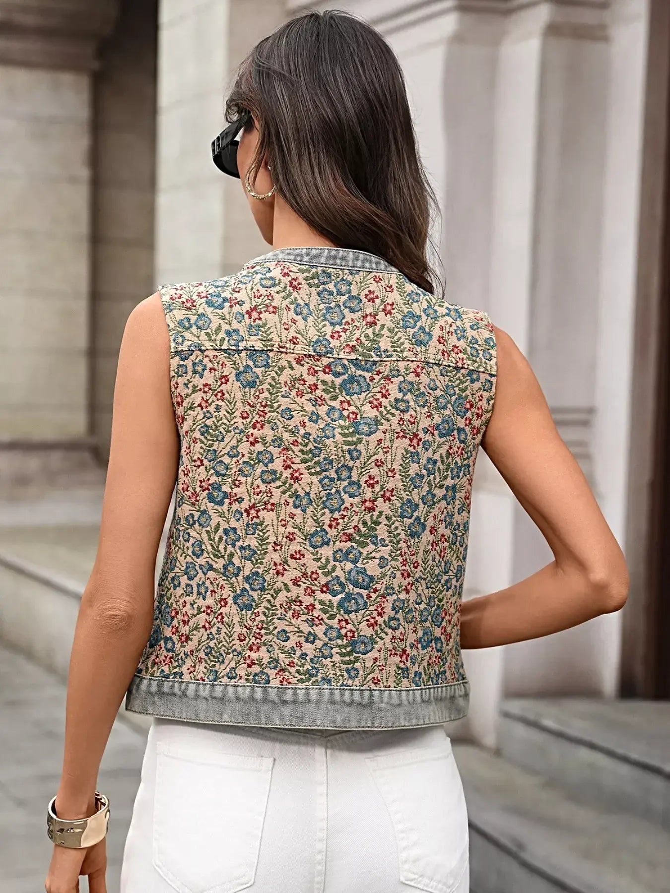 Floral Embroidered Denim Vest Top -