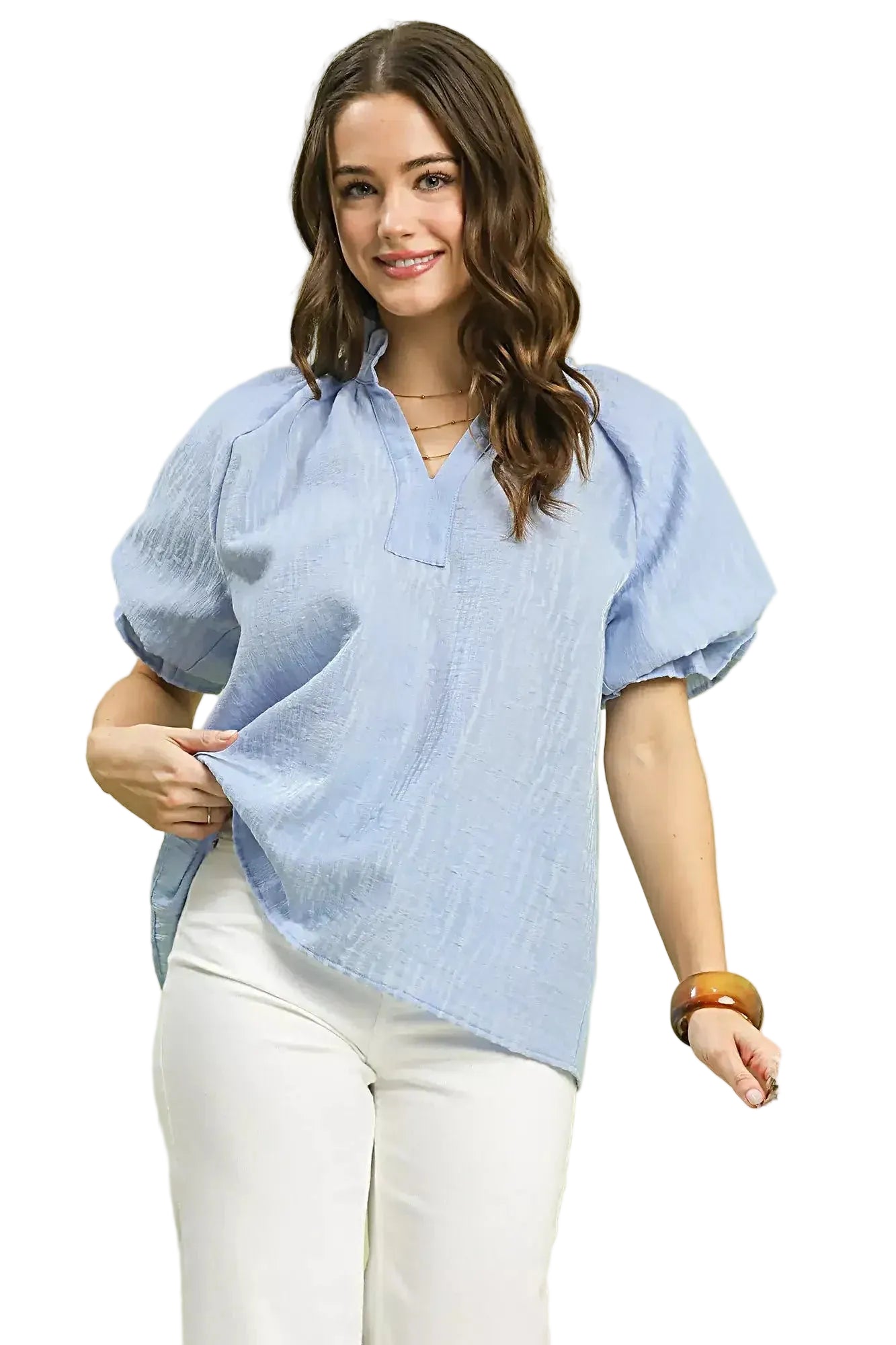 Umgee Textured Puff Sleeve Split Neck Top -