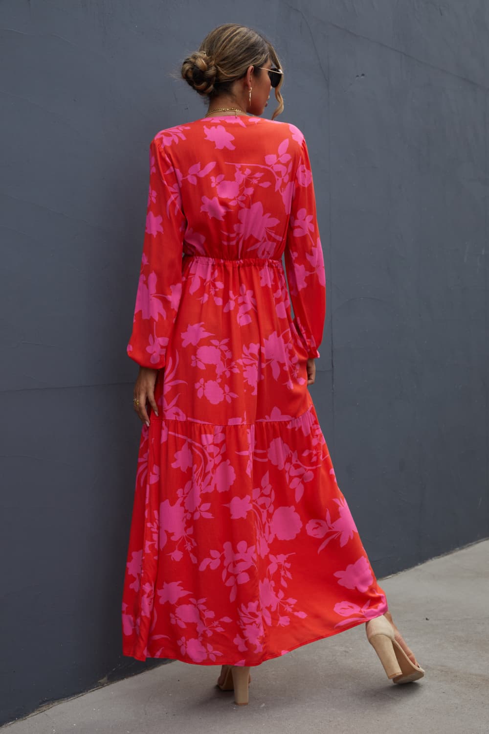 Floral Drawstring Waist Long Sleeve Dress -