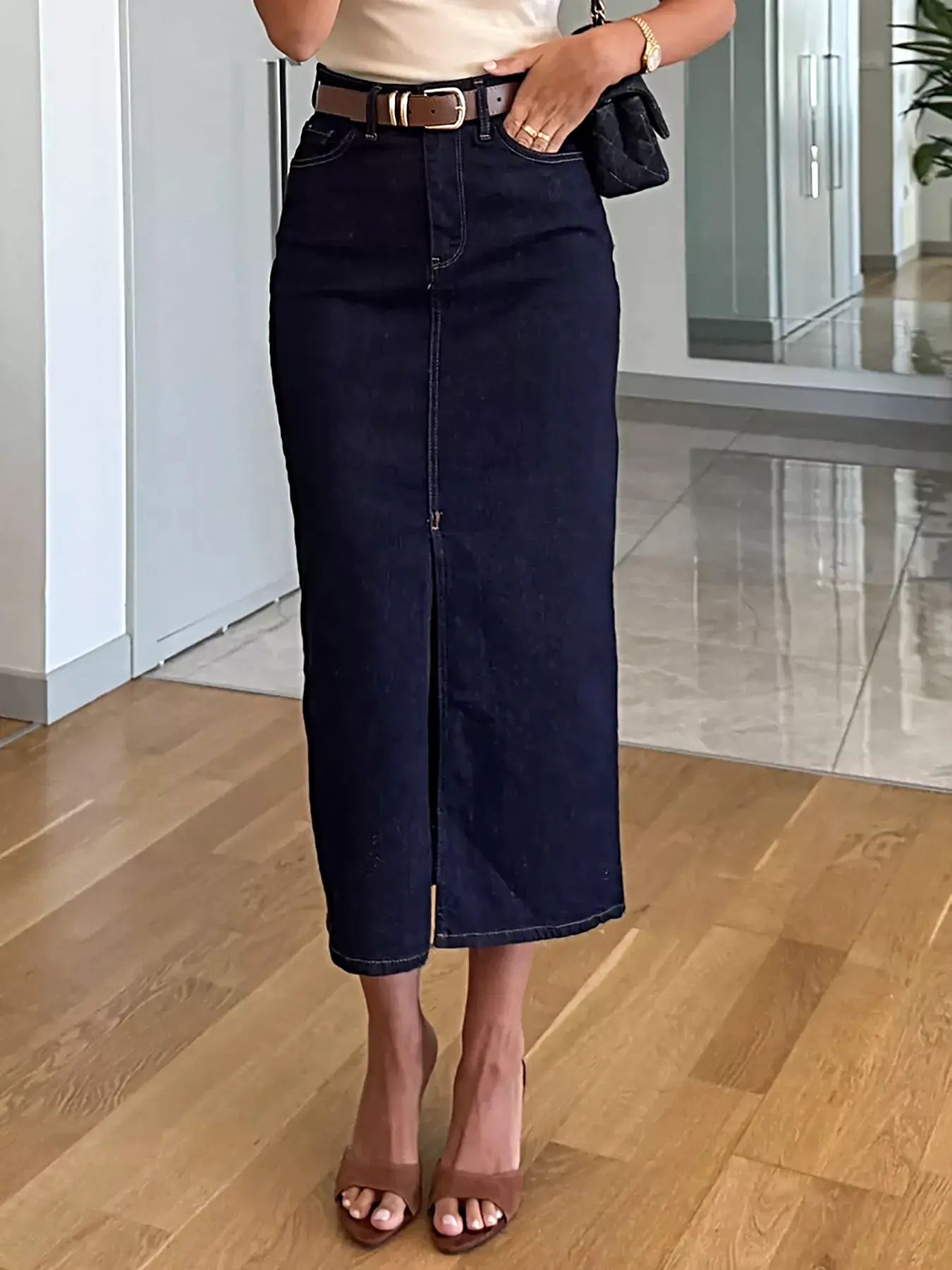 Slit Front Denim Skirt -