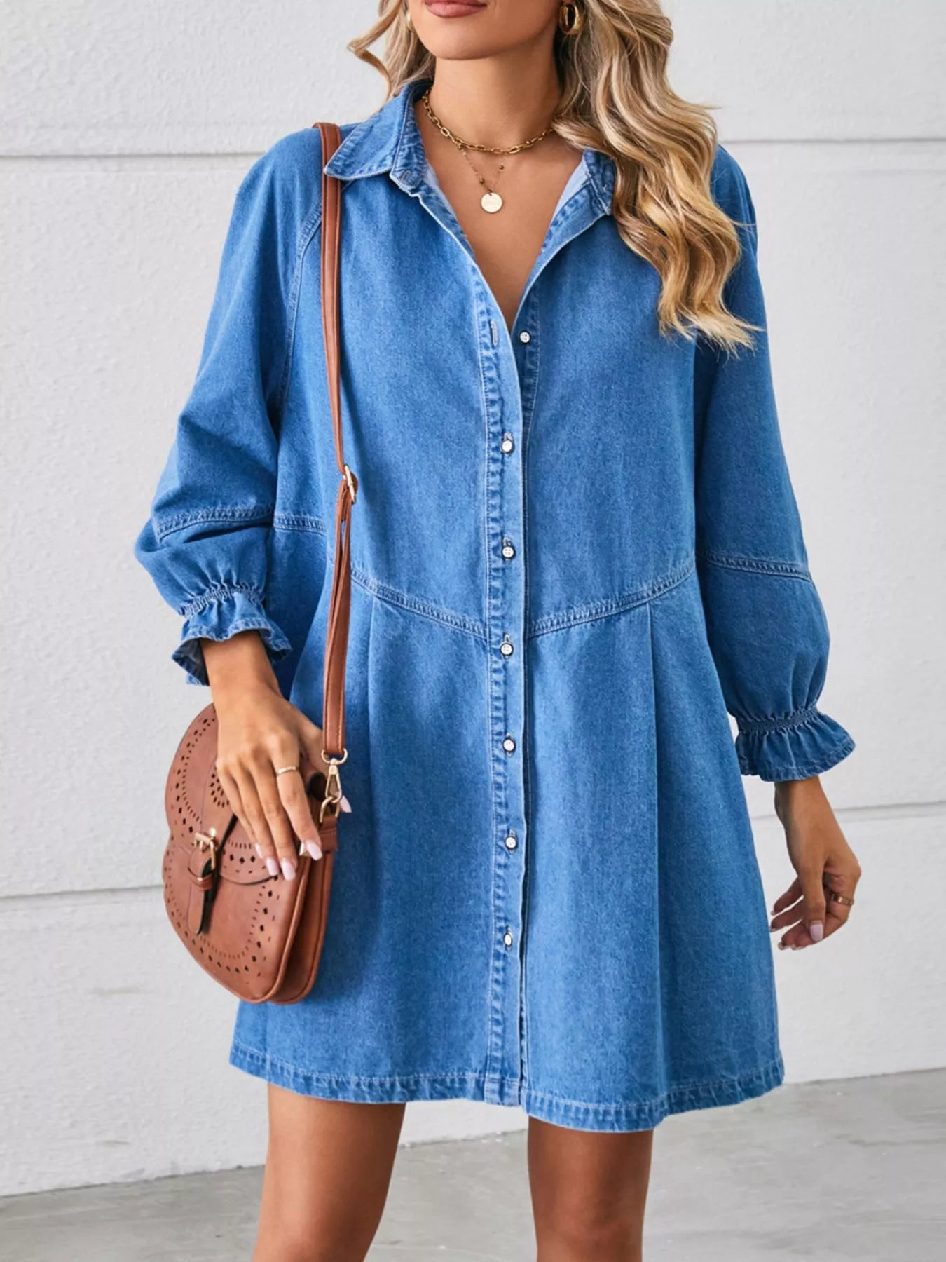 Button-Front Ruffle Cuff Denim Dress -