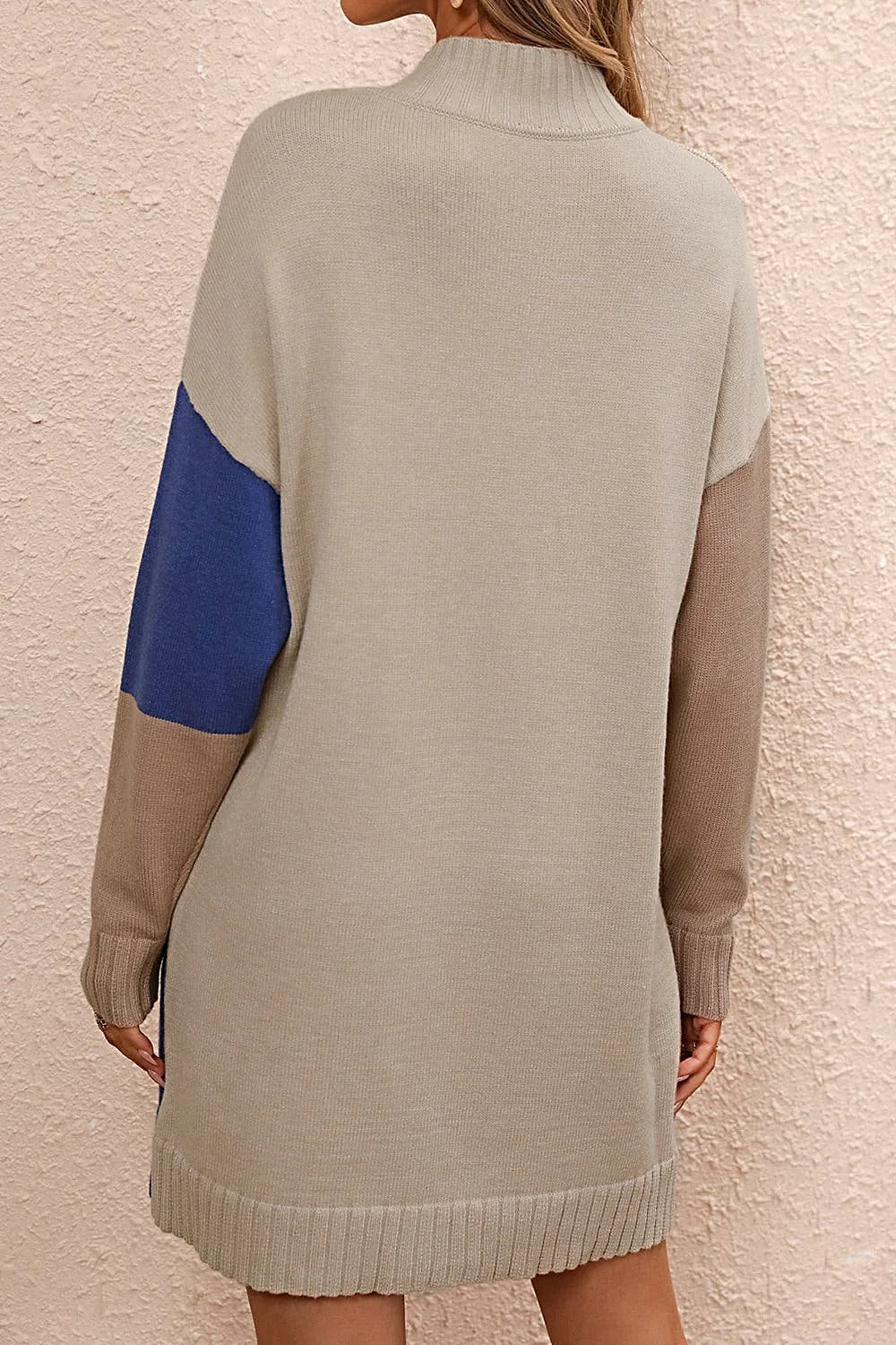 Stylish Color Block Sweater Dress with Mock Neck and Dropped Shoulders - Casual Mini Length Trendsi