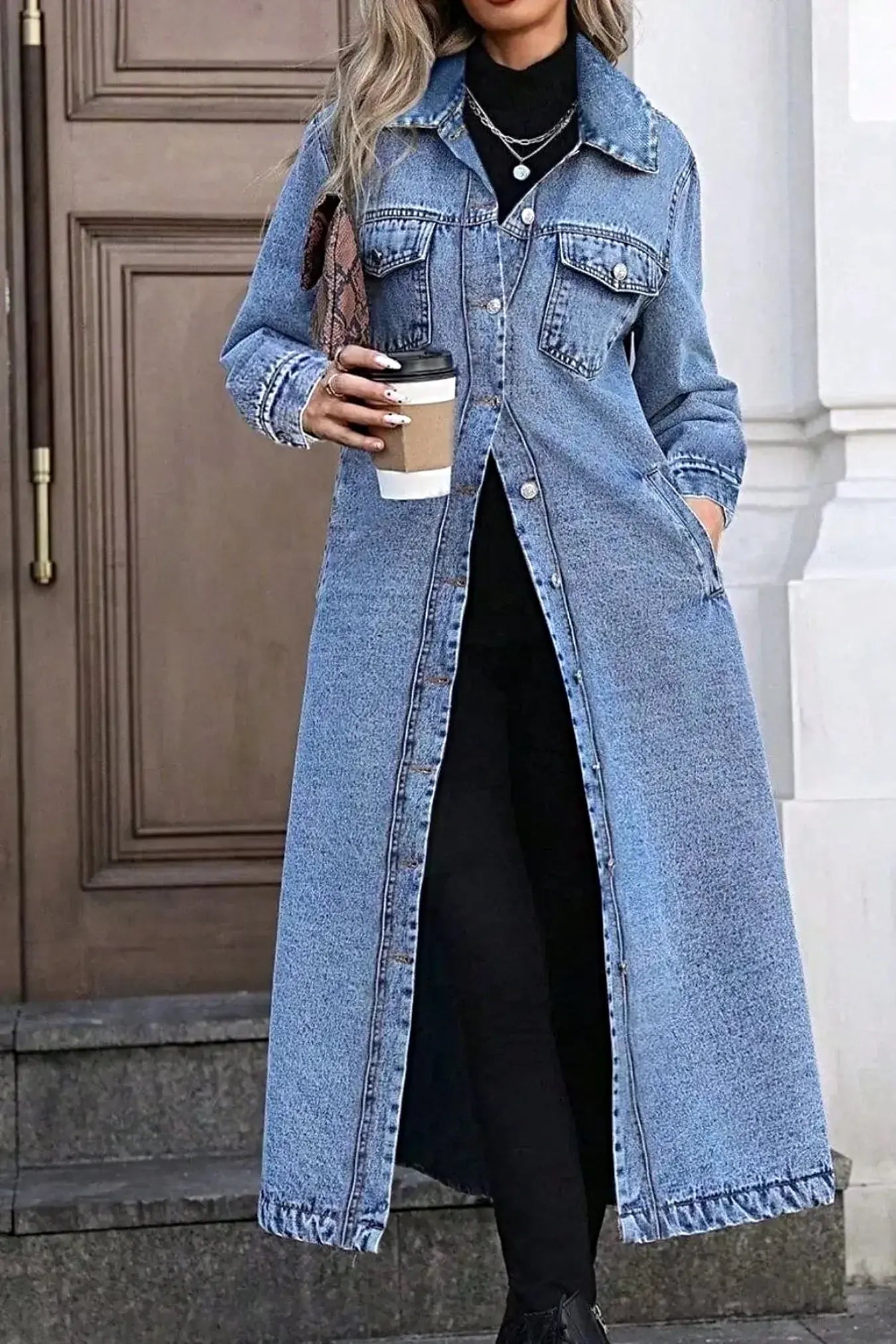Longline Button-Down Denim Jacket -