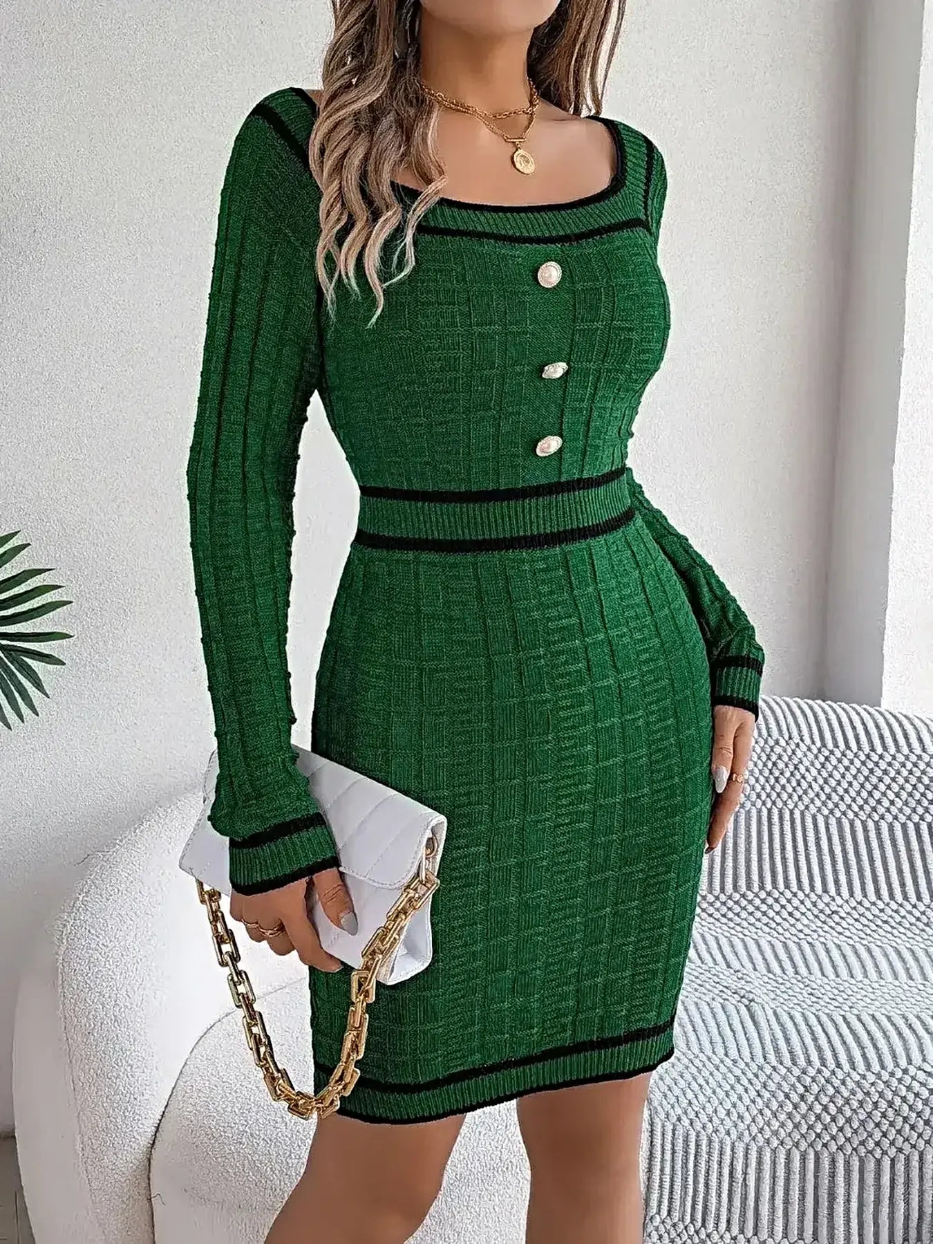 Contrast Trim Long Sleeve Sweater Dress -
