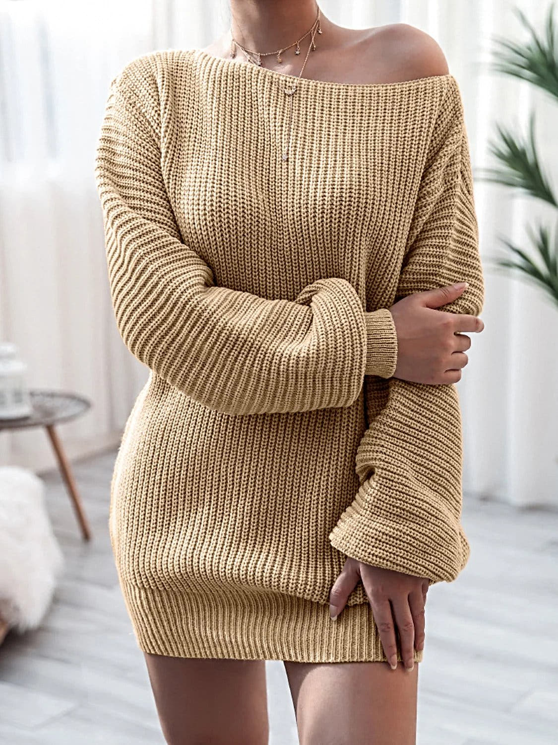 Rib-Knit Mini Sweater Dress -