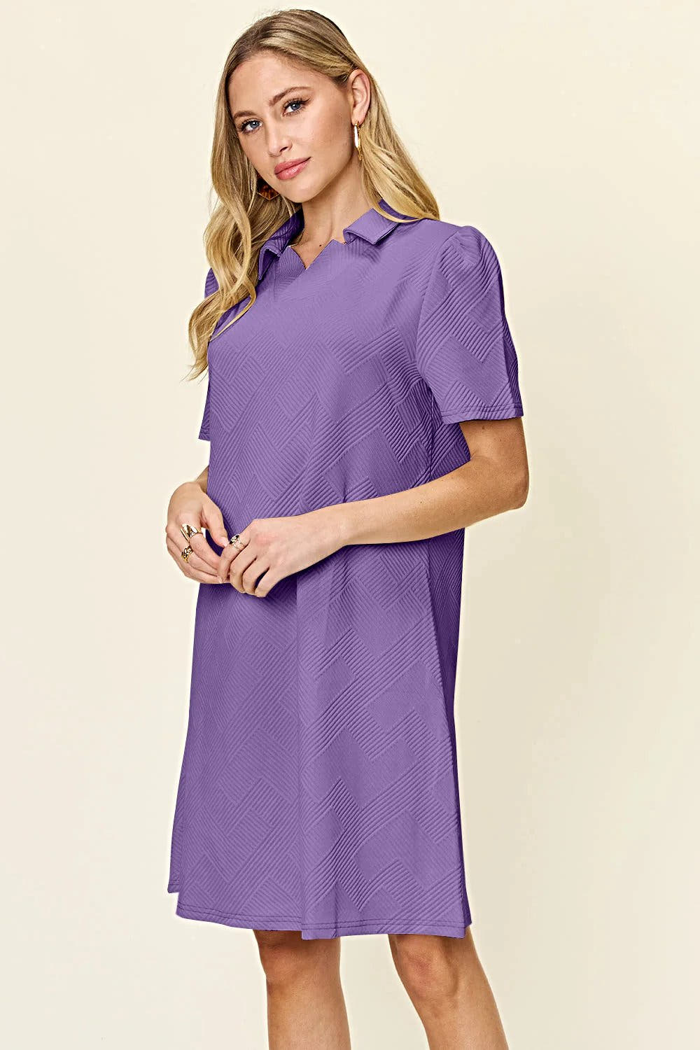 Elegant Double Take Short Sleeve Collar Dress - Textured Opaque Design, Slightly Stretchy, Machine Washable Trendsi