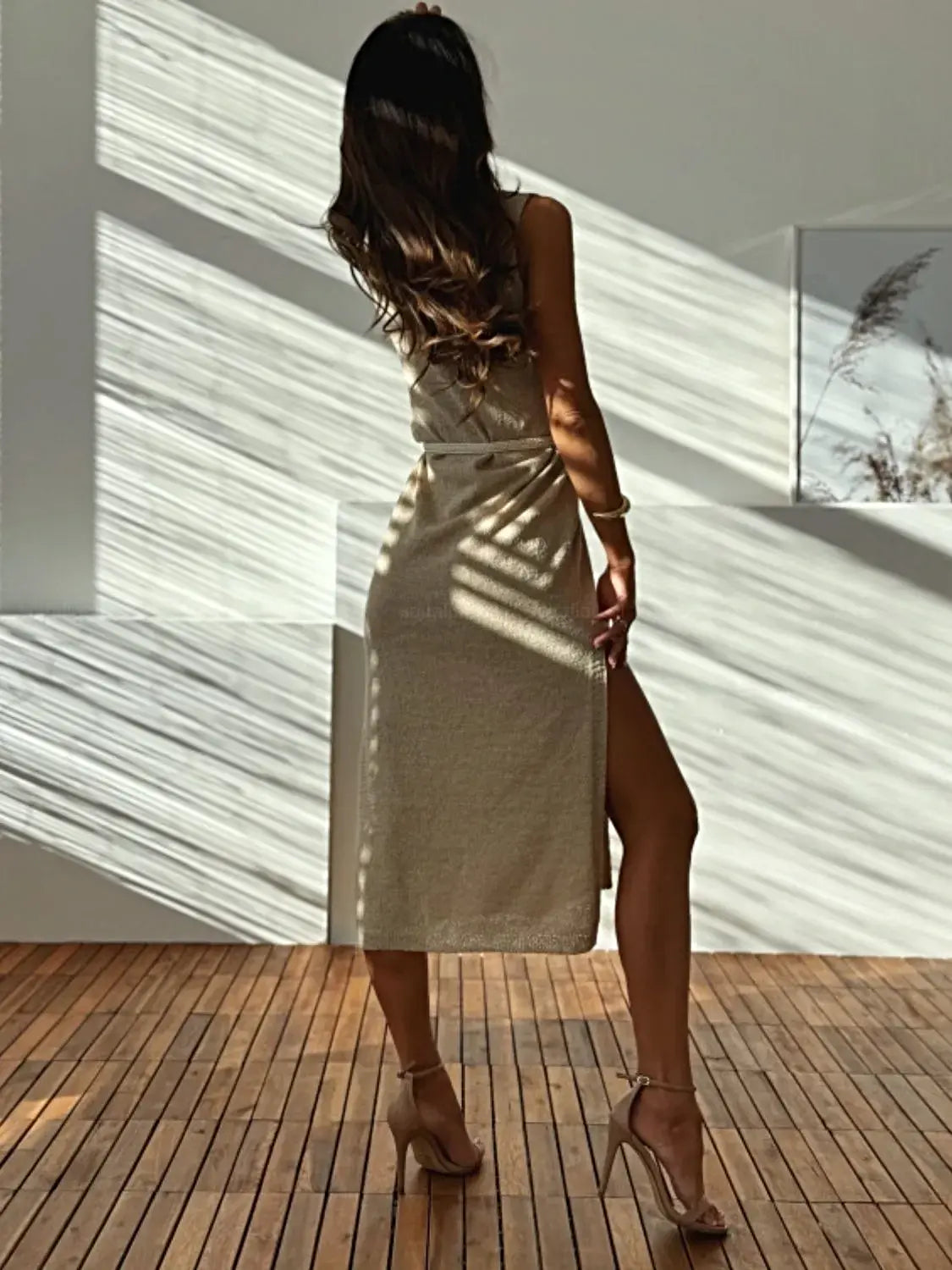 Slit V-Neck Sleeveless Sweater Dress -