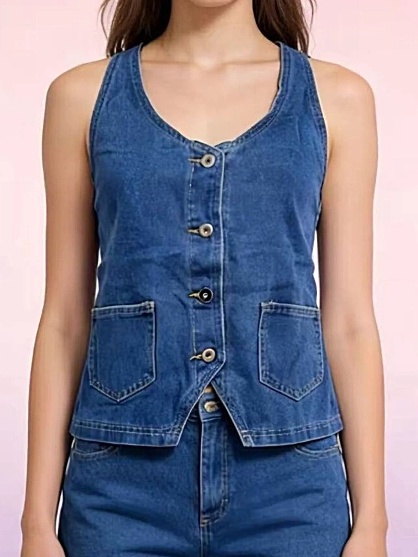 Halter Neck Button-Down Denim Vest -