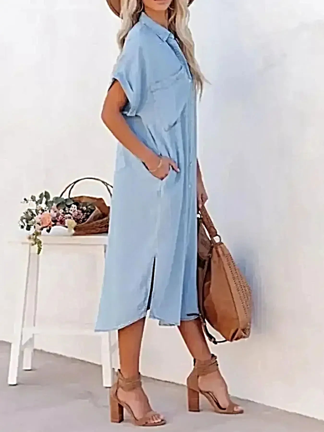 Button Down Denim Midi Shirt Dress -