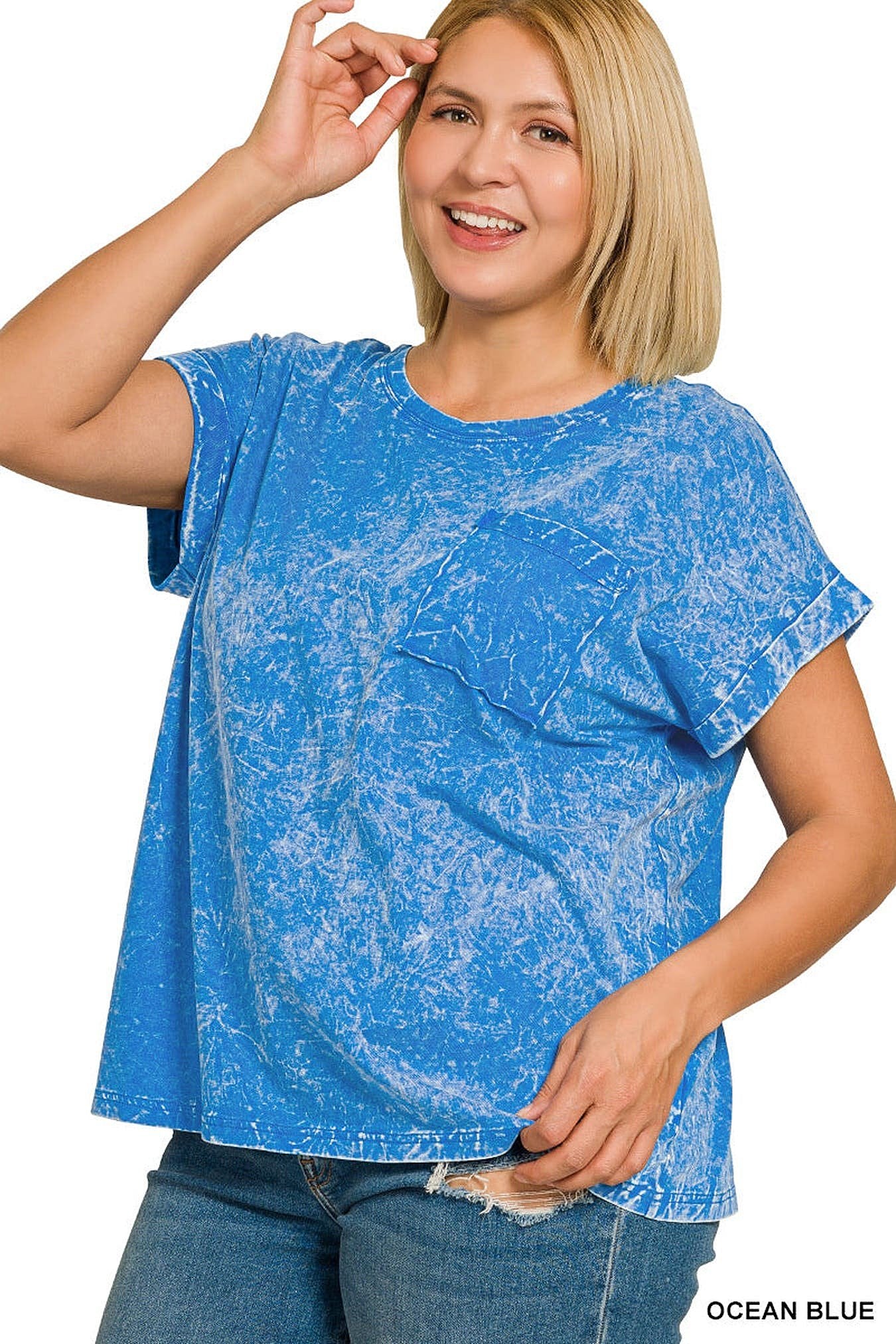 Zenana Full Size Crinkle Washed Round Neck Folded Short Sleeve Tee Plus Size -
