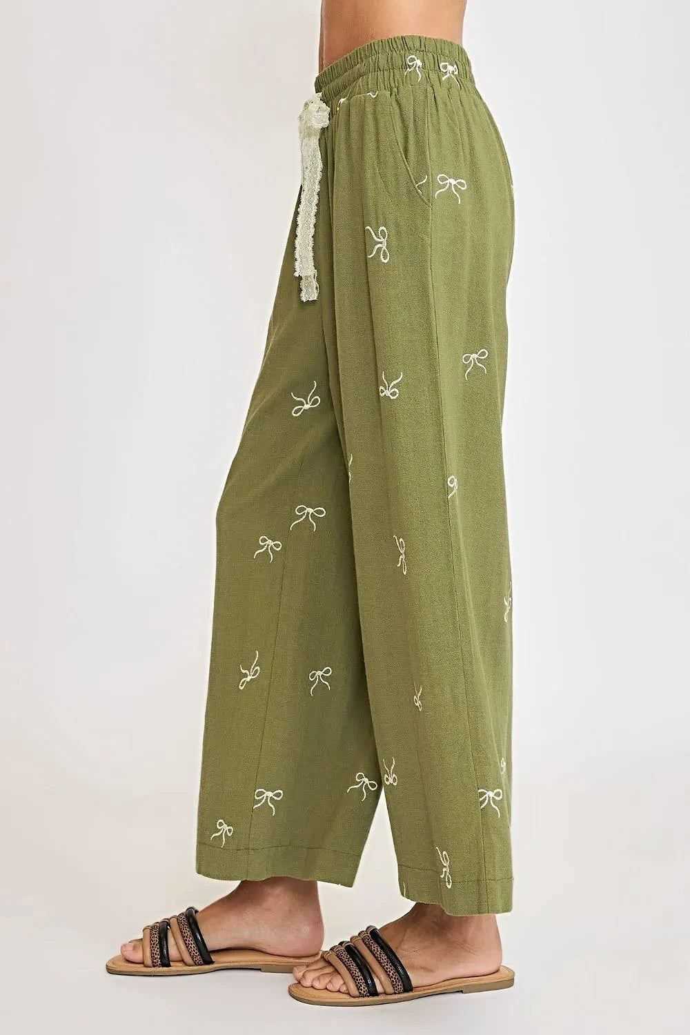 Umgee Full Size Lace Drawstring Embroidered Bow Wide Leg Pants Plus Size -