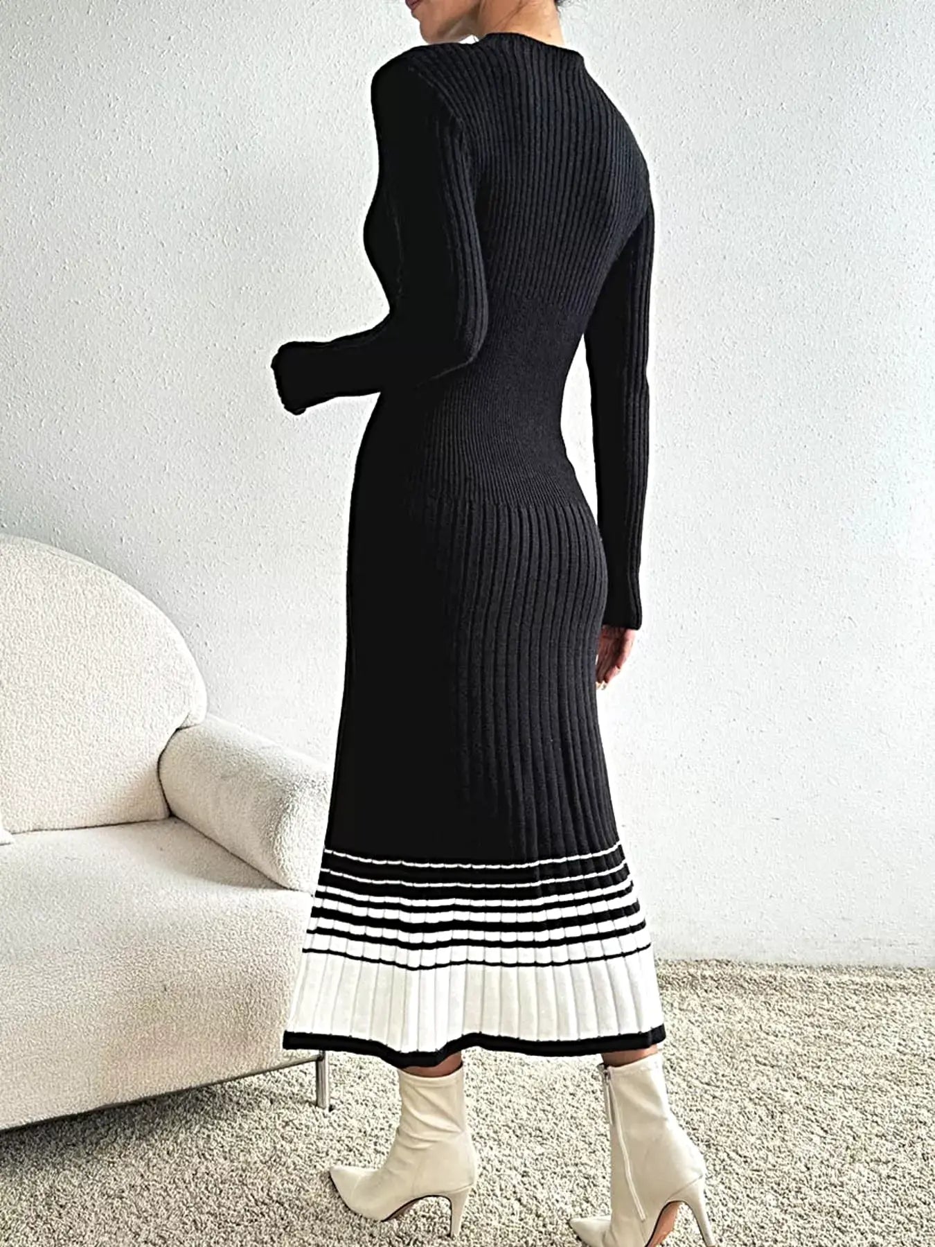 Ribbed Knit Sweater Dress with Striped Hem -