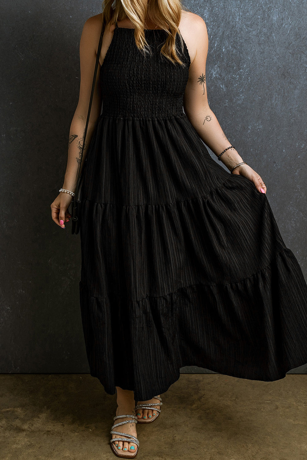Smocked Tiered Spaghetti Strap Dress Trendsi