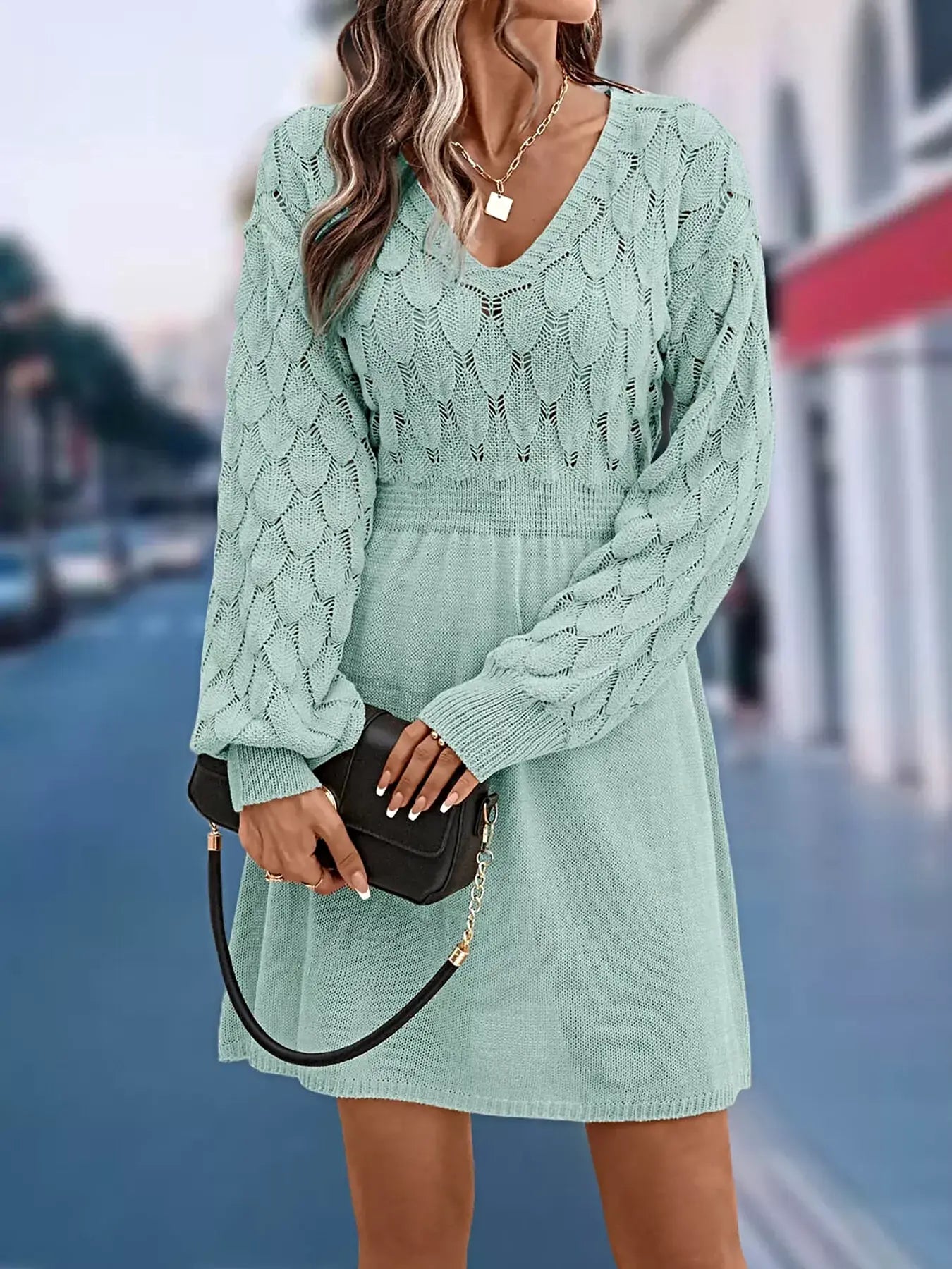 V-Neck Long Sleeve Sweater Dress -