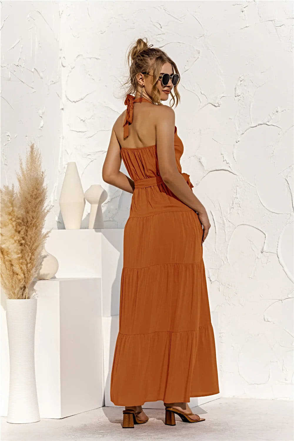 Halter Neck Tie Waist Tiered Maxi Dress -
