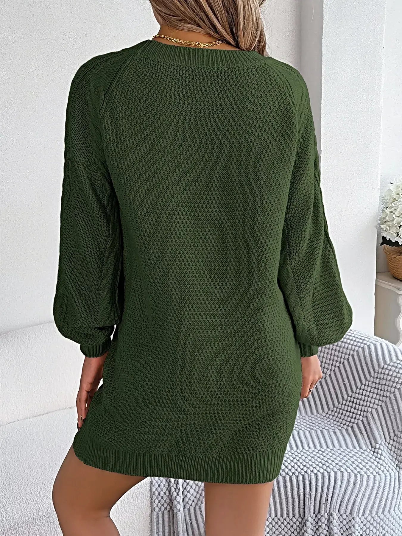 Diamond Cable Knit Sweater Dress with Long Sleeves -