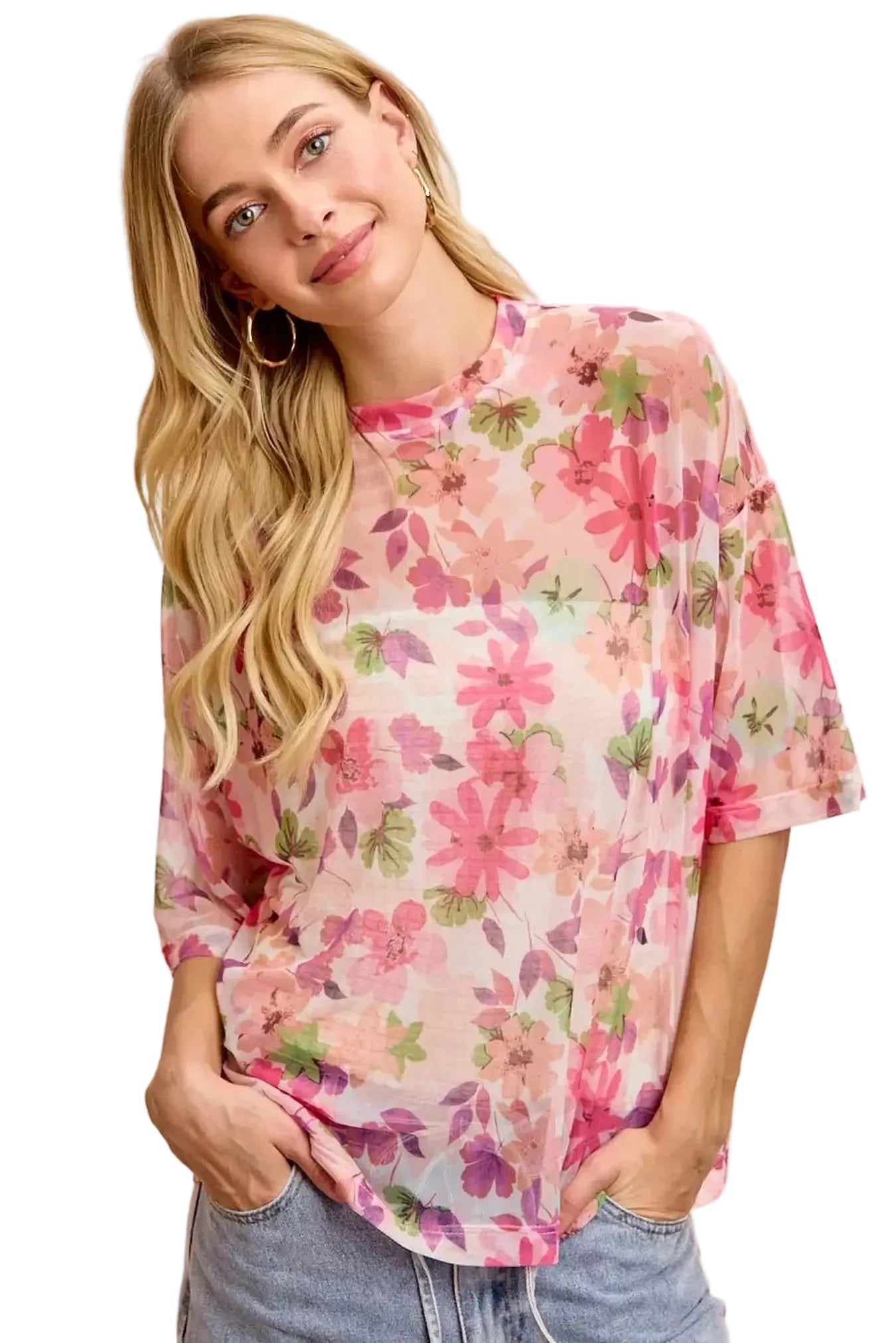 BiBi Floral Print Short Sleeves Boxy Mesh Top -