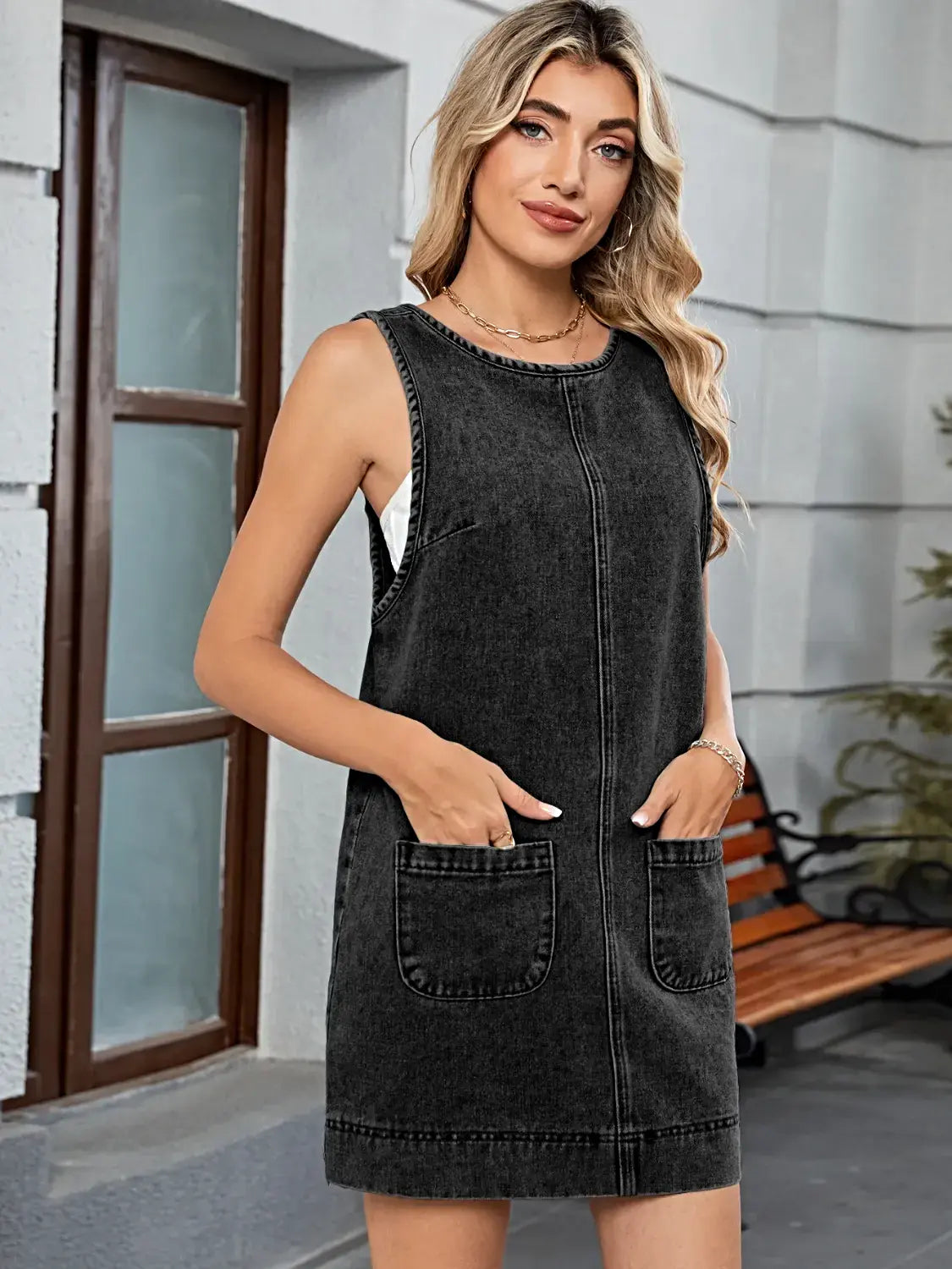 Round Neck Denim Overall Dress -